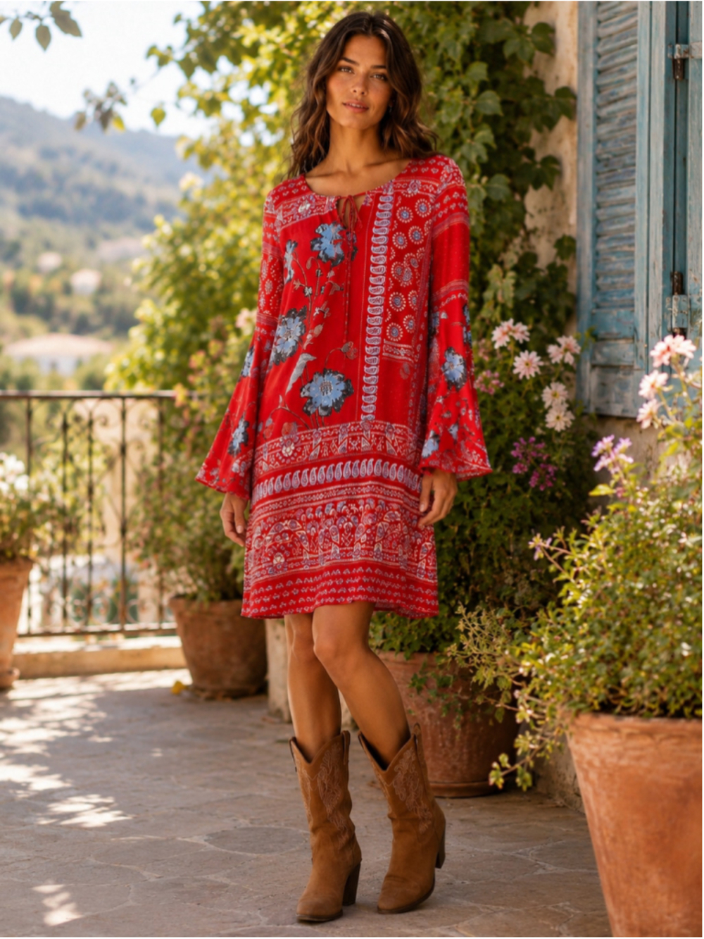 Vanessa Virginia Dress Women S 100% Silk Bell Sleeve Y2K Boho Bloomcore Red Blue